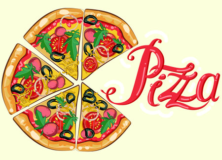 vector pizza elements and hand drawn letteringのイラスト素材
