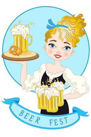 Beer festival with beautiful girl carrying carafesのイラスト素材