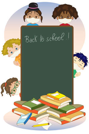Many children with a large blackboard happily begin the lessons at school with a maskのイラスト素材