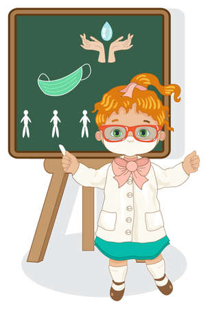 A little girl with a blackboard explains the anti-COVID-19 precautions for the schoolのイラスト素材