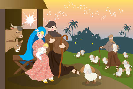 Mary and Joseph in the hut with the newborn baby Jesusのイラスト素材