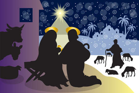 Representation of the Nativity of Jesus under the snow with silhouettes of the holy family and shepherdsのイラスト素材
