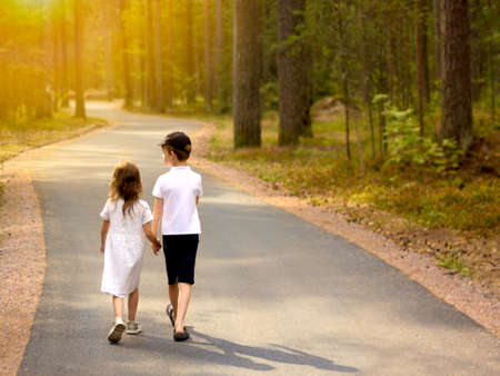Children girl and boy are walking along the road in the summer forest. Without adults. back viewの写真素材