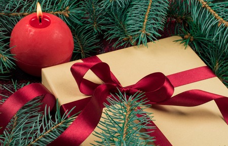 New Year gift box under Christmas treeの写真素材