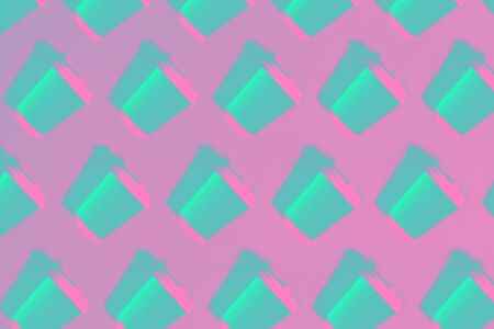 Pattern of many paper coffee cups with plastic covers laid in a row on pink backround in neon...