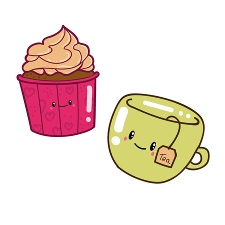 Cute doodle cartoon hand drawn. Cup cake and teaのイラスト素材