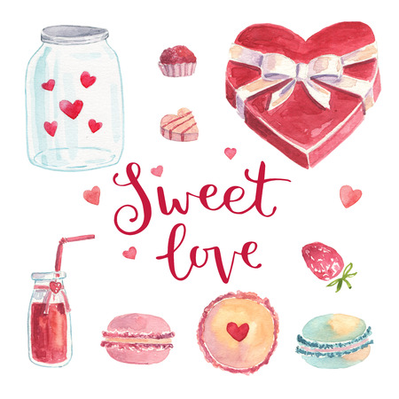 Watercolor set illustration with macaroon, lemonade, strawberry, chocolate candy, sweet love, set, ribbon, bow.  Can be used for scrapbook, wedding invitations and registration, for Valentine's Dayの写真素材