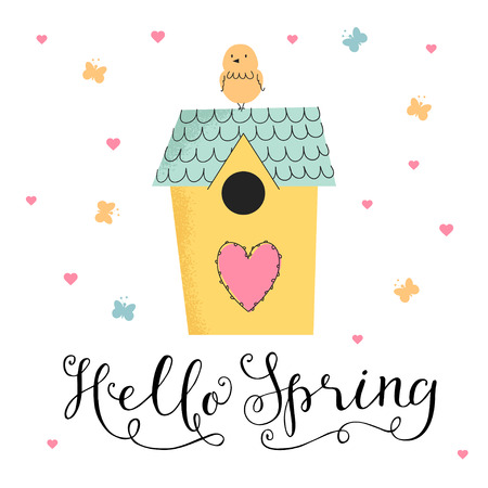Cute illustration Hello spring, birdhouse with bird. Hand drawn lettering. Card in retro styleのイラスト素材