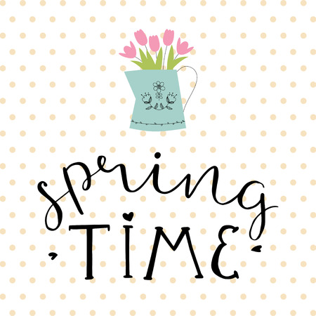 Cute spring illustration tulips in a watering can. Hand drawn lettering Spring time. Awesome romantic cardのイラスト素材