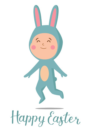 Cute card Happy Easter with little boy in rabbit costume. Cute, trendy design elements for different decor. Lettering sing - Happy Easter.のイラスト素材