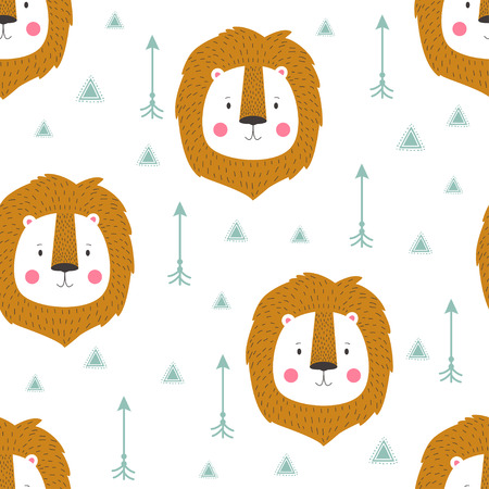 Beautiful indian seamless pattern of lion in vector for childrens. Cute cartoon background. Vector design for fabric and decor children room or clothesのイラスト素材