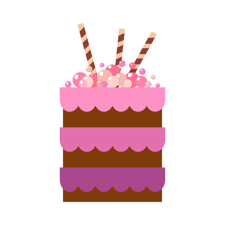 Vector flat icon illustration of cake. Cake for Happy birthday, party decoration or design menu with decoration of balls and wafer sticksのイラスト素材