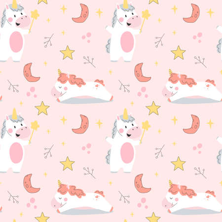 Cute seamless vector pattern with illustration unicorns. Perfect illustration for design of children's rooms, textiles, holidays, wallpapers, backgrounds.のイラスト素材
