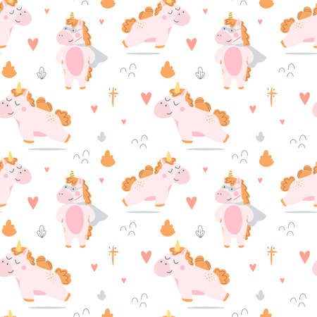 Cute seamless vector pattern with illustration unicorns. Perfect illustration for design of children's rooms, textiles, holidays, wallpapers, backgrounds.のイラスト素材