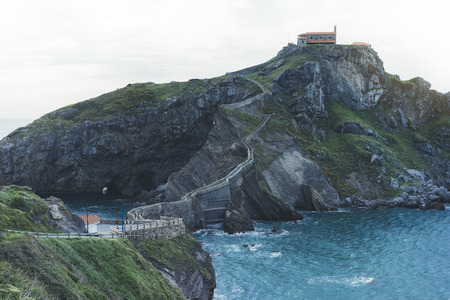 Green valley landscape on background dramatic. View sunlight blue ocean in trip holiday in basque...