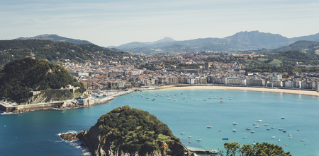 Observation deck in trip holiday in San Sebastian Northern Spain basque country, top view on seascape on mountain and island in ocean, background panoramic view of the city landscape. Nature travel concept の写真素材