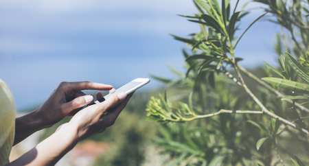 Hipster texting message on smartphone or technology, mock up of blank screen. Girl using cellphone on green plant and blue background close. Tourist female hands holding gadget on blurred backdrop. Mockup side viewの写真素材