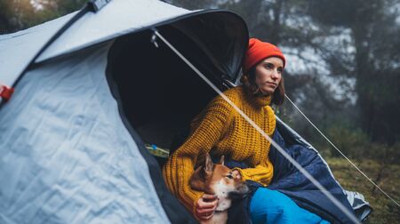 tourist traveler relaxation red shiba inu in camp tent on background blue froggy forest, hiker woman with puppy in mist nature trip, friendship love concept, girl resting dog togetherの写真素材