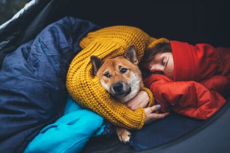 tourist girl hug resting dog together in campsite, red shiba inu sleeping in camp tent , hiker woman leisure with puppy dog relax nature vacation, friendship love conceptの写真素材