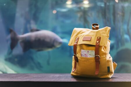 Hipster yellow backpack and map closeup. View from front tourist traveler bag on background blue sea aquarium. Person hiker visiting oceanarium museum in Barcelona on backdrop, blank blurred mockupの写真素材