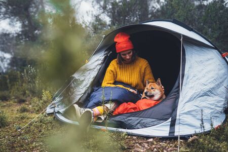 tourist traveler hugging relaxation red shiba inu in camp tent on background foggy forest, smile hiker woman with puppy dog in mist nature trip, friendship love concept, girl resting dog togetherの写真素材
