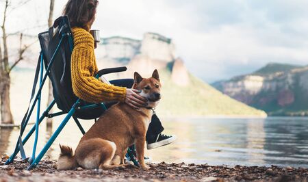 tourist traveler girl relax drink tea together dog on background mountain, puppy pet woman rest on lake shore nature trip, friendship conceptの写真素材