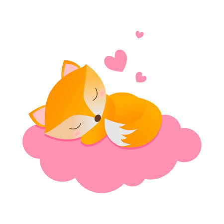 Cute fox sleeps on a pink cloud. A loving fox with a blush on the cheeks. Sleeping fox on a white background with hearts. Illustration for Valentine's Day.のイラスト素材