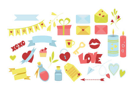 Vector elements for the holiday. Set of elements for Valentine's Day on a white background. Cute icons for the holidays. Set of vector ribbons and tags for the text with love.のイラスト素材