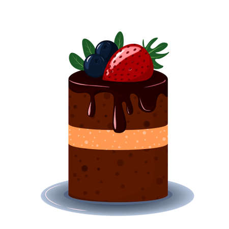 Bright chocolate cake with a layer, decorated with drips of chocolate and berries.のイラスト素材