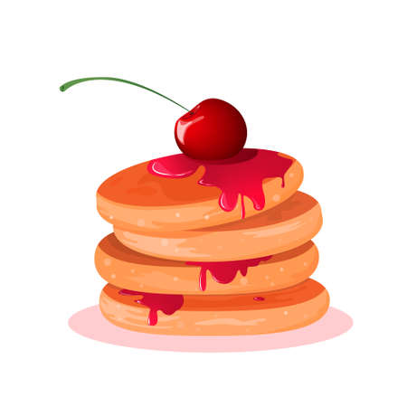Juicy pancakes drizzled with jam and garnished with cherries. Vector Illustration of Pancakes with...
