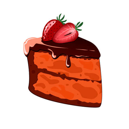 Piece of cake. A slice of chocolate cake decorated with drips of chocolate and strawberry. Slice of cake on a white plate.のイラスト素材