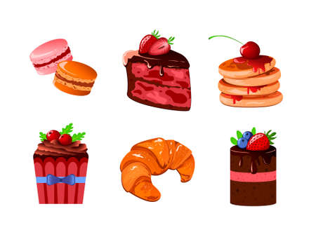 Set cupcakes on a white background. Icons. Isolated. Sweet pastries decorated with cherry, cowberry, raspberries, mint, candy, chocolate and star. Vector illustration. 3D.のイラスト素材