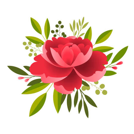 Vector flower bouquet, design element isolated on white background. Terry Petunia, peony pink, yellow and red and twigs with leaves. Greeting floral card.のイラスト素材