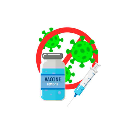 Vaccination concept. Flat vector medical illustration for web design with syringe with vaccine, bottle and virus.のイラスト素材