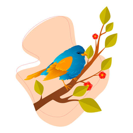 Pretty stylized floral spring poster or greeting card design with cute bird sitting on a blossoming branch under the text, vector illustrationのイラスト素材