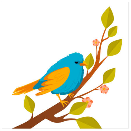 A blue tit sits on a branch of a blossoming Japanese cherry tree with pink flowers. Decorative scene of nature on a white background. Vector illustration.のイラスト素材