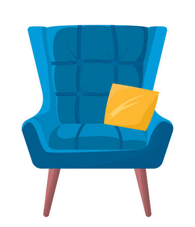 Retro armchair with a pillow. Upholstered armchair, comfortable seat, hall, living room, bedroom furniture. Vector flat style cartoon illustration isolated on white background, blue armchair