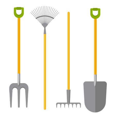 Gardening tools set isolated on white background. Bucket, shovel, pitchfork, rake, pruner, ax, saw, watering can, garden shovels. Vector illustration in cartoon simple flat style.のイラスト素材