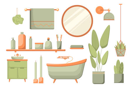 Set of bathroom elements isolated on white background. Sauna set in stylish color. Bath, vanity unit and round mirror, bath accessories, plants, lamp, bath interior. Vector set in flat style.のイラスト素材