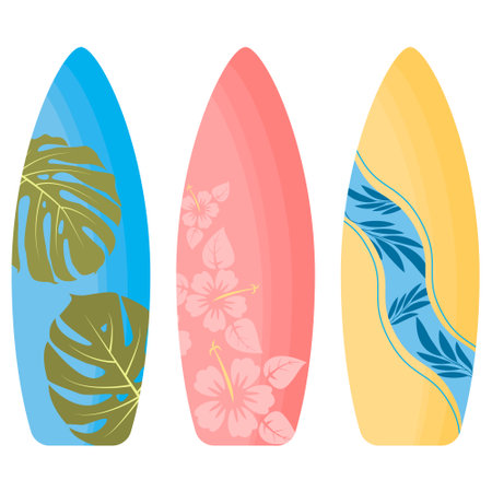 Surfboards on a white background. Types of patterned surfboards. Vector illustration on the theme of summer and active lifestyleのイラスト素材