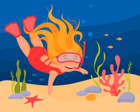 Cute little girl in a red swimsuit and snorkeling mask swims in the ocean. Redhead girl swims underwater. Vector illustration of the sea world and diving. Marine theme, swimming in the seaのイラスト素材