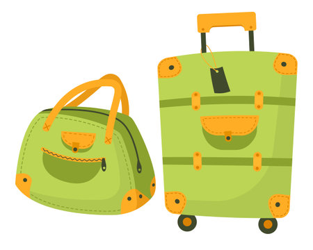 Set of travel luggage isolated on white background. Green retro suitcase with buckles and straps on wheels and a bag with handles for travel and business trips. Vector illustration. Set of travel bags.のイラスト素材