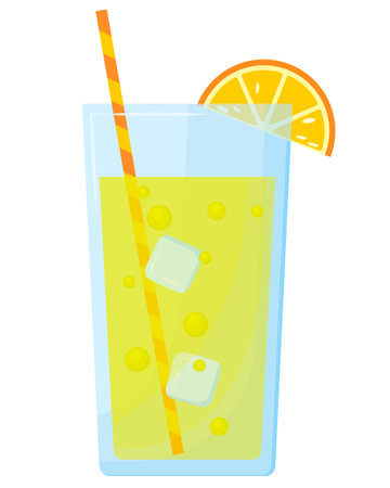 Non-alcoholic cocktail with orange slice, ice and straw. Cold drinks. Summer cocktail. Vector illustration of citrus drink in flat style isolated on white background.のイラスト素材