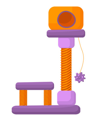 Vector illustration of a tiered cat house with scratching posts and a toy, isolated on a white background. Cat house with scratching posts is drawn in a flat style. pets, pet grooming.のイラスト素材