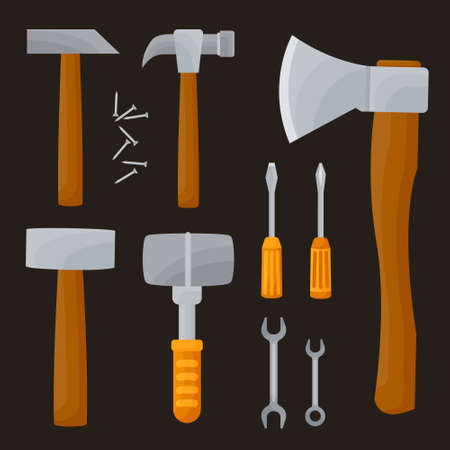 Construction equipment. Vector set of items isolated on white background. Home repair tools, hammers, screwdrivers, nails, ax, mallet, hammer claw, sledgehammer, wrenches in flat style.のイラスト素材