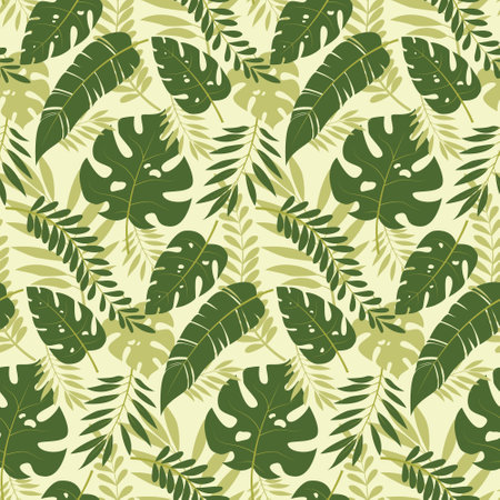 Seamless vector pattern of tropical leaves.Tropical background with exotic palm leaves. A pattern of monstera, palm branches, banana leaves. Vector illustrationのイラスト素材