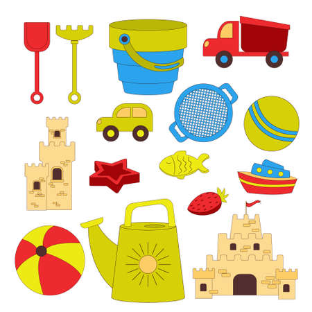Vector set of toys for playing in the sandbox. Sand castles, bouncy balls for the sea. Childrens bucket and watering can, shovel, rake, sandbox beads are isolated on a white backgroundのイラスト素材