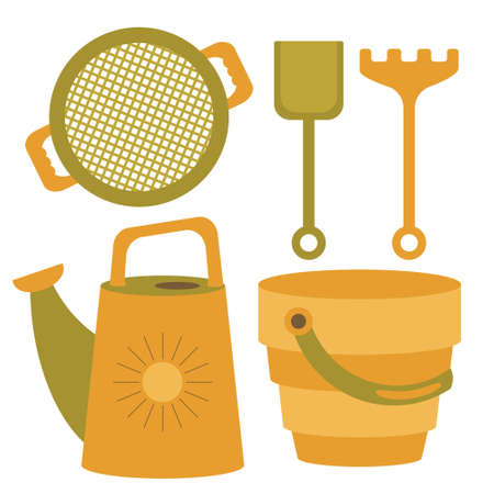 Summer fun for children. Baby bucket, watering can with sun, rake, shovel, sieve isolated on white background. Vector set of toys for playing in the sandboxのイラスト素材