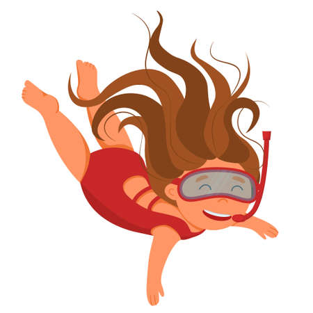 Girl in a snorkeling mask on a white background. Children's snorkeling. Funny cartoon character. Vector illustration of a girl snorkeling. Isolated on white background divingのイラスト素材