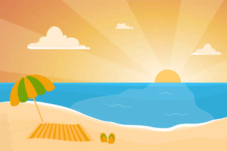 Summer background - sunset beach. Sea and sunset, on the beach an umbrella, sun lounger and flip-flops. Beach landscape in modern flat design. Vector background illustrationのイラスト素材